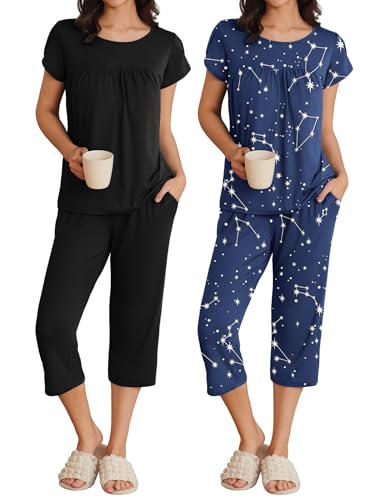 Image of Ekouaer Women's Capri Pajama Set Short Sleeve Mumu Pjs Pleated Top Capri Pants with Pockets Sleepwear Lounge Set