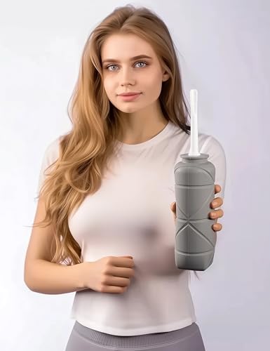 Image of Foldable Compact Silicone Douche Bottle, Reusable Travel Douche Kit, 24 FL Oz Capacity, Grey