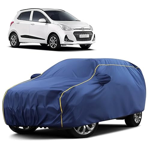 Image of Sulfar 100% Water Resistant Car Body Cover Compatible with Mirror for Hyundai Grand i10 (Triple Stitched, Full Bottom Elastic, Blue Taffeta with Yellow Piping)