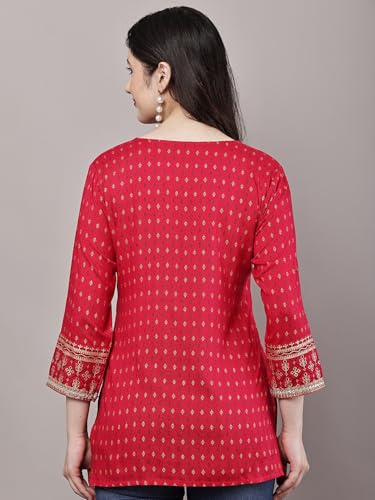 Image of Women's Pink Printed Short Kurti with Lace Trim, 3 /4 Sleeves, Ethnic Indian Style Top