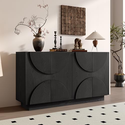 56'' Sideboard Buffet Storage Cabinet with 4-Door and Adjustable Shelves, Wood Accent Entryway Console Table Sofa Table with Semi-Circular Handles for Dining Room Kitchen Living Room (Black-6.17)