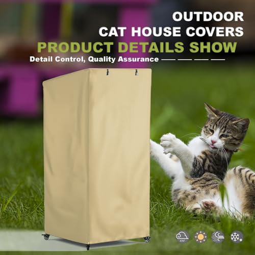 Image of Outdoor Cat House Cover - Extremely Waterproof Feral Cattery Enclosure - Large Cat Cage Condo - 32 inch L x 32 inch W x 71 inch H, Khaki
