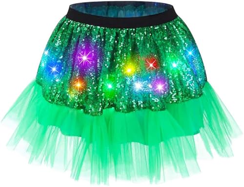 TWINKLEDE Light Up Tutu Skirt LED Green Tulle Skirts Sparkly Holiday Costume Tutus for Women (Green)
