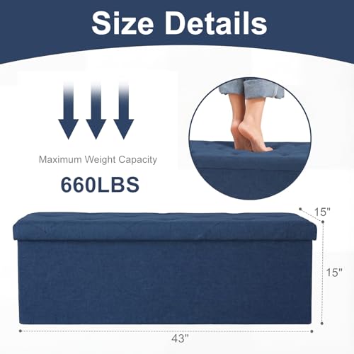 Image of DUMOS Foldable Storage Ottoman Bench 43in, Storage Chest, Large End of Bed Foot Rest Stool with Padded Seat, Bedroom Bench for Living Room, Support 660lbs, Blue