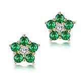 Pendientes de aro de Oro Amarillo de 18k para Mujeres, Flor de 0.94ct Esmeralda Redonda con 0.16ct Diamantes delicados hipoalergénicos aretes de aro de Oro