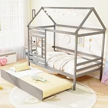 KOMFOTT Wood Twin House Bed with Trundle, Twin Bed Frame with Trundle, Playful House Bed with Roof, Chimney & Window, Wooden Slats Support for Kids, Teens, No Box Spring Required Grey