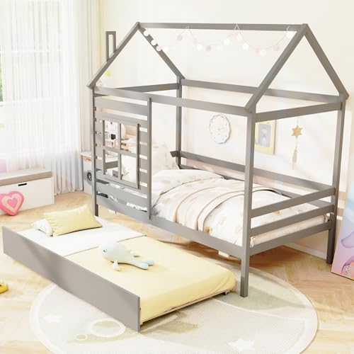KOMFOTT Wood Twin House Bed with Trundle, Twin Bed Frame with Trundle, Playful House Bed with Roof, Chimney & Window, Wooden Slats Support for Kids, Teens, No Box Spring Required (Grey)