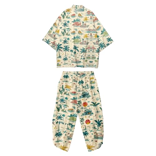 Image of DOSLAVIDA Men's Japanese Kimono Jacket Set Stylish Open Front Coat With Shorts Chinese Style Printed Cardigan Suit