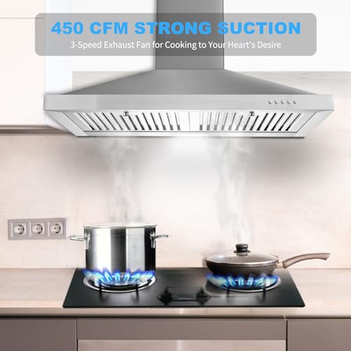 Range Hood, Range Hoods 30 inch Stainless Steel, 450 CFM Kitchen Hood with LED Light Baffle Filters, 3 Speed Exhaust Fan Vent Hood