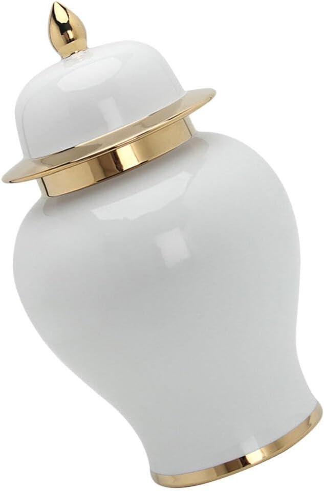 IMIKEYA Ginger Jar, White Ginger Jar with Gold Trim Handicraft Flower Vase Chinese Style Temple Jar Storage Jar Tea Canister with Lid for Home Office Wedding Decor