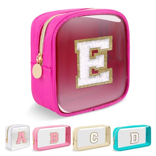 Mini Clear Personalized Initial Makeup Bag,Nylon Preppy A-Z Chenille Letter Patch Zipper Cosmetic Bag, Small Cute Beach Pouch Travel Purse Sanitary Napkin Storage Bag for Women Girls(Hot Pink-White E)