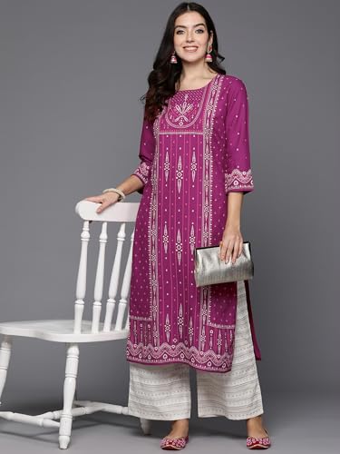 Image of INDO ERA Women Rayon Regular Burgundy Printed Straight Kurtas