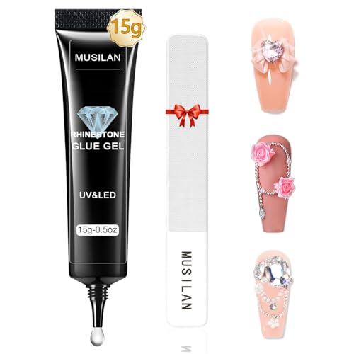 MUSILAN Nail Rhinestone Glue avec Limes à ongles en Verre - 0.5 once Gel 3D Nail Art Colle à ongles Strass Gel pour Les ongles pour Paillettes d'Ongles pour Strass Ongles Bijoux Décorations diy Design