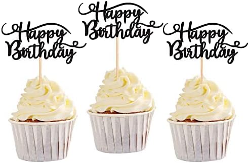 Xsstarmi 24 PCS Happy Birthday Cupcake Toppers Glitter Celebrating Birthday Cupcake Pick for Baby Shower Kids Boys Girls Birthday Party Cake Decoration Supplies Black