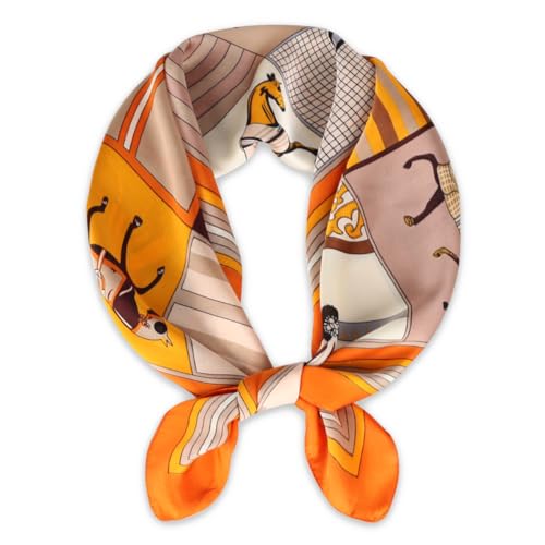 EXTREE Fashion Silky Satin Headscarf for Women Girls: Exquisite Pattern Lightweight Silk Graceful Scarfs 27.5 x 27.5 inches Chessboard Horse Orange