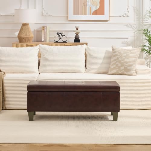 Image of 41 inch Storage Ottoman, Storage Bench with Safety Hinge, Upholstered Synthetic Leather Ottoman Bench for Bedroom, Living Room, Entryway, Hallway, Foot Rest, Support 500lbs