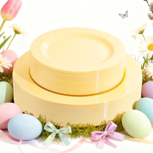 FLOWERCAT 60PCS Yellow Plates - Heavy Duty Yellow...
