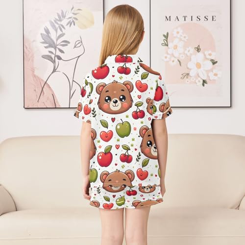 ALAZA Cute Cartoon Bear Cherry Pajamas Satin Pajama Set Short Sleeve Button Down Sleepwear4