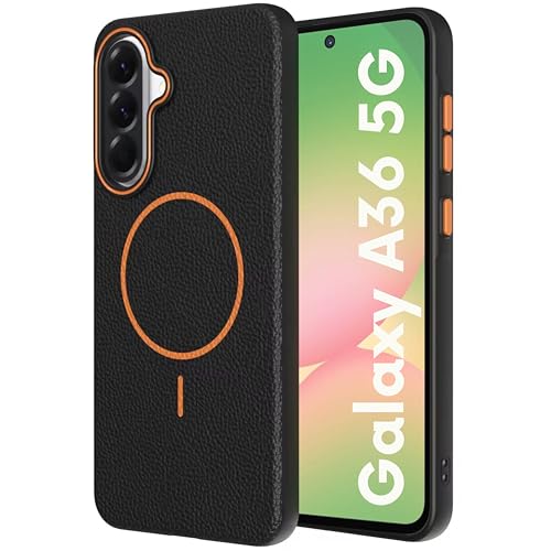Image of Elzzi Magnetic Case for Samsung Galaxy A36 Lychee Texture [Compatible with MagSafe] Premium PC+TPU Back Cover with Anti-Yellow Microfiber Inner Lining, Shockproof Slim Protective Phone Case- Black