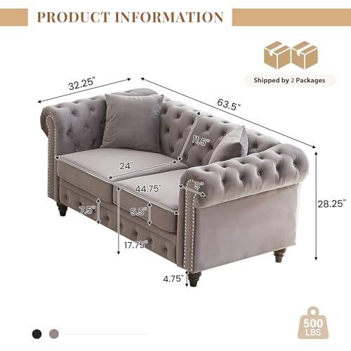 Image of Modern Chesterfield Sofa Couch, 63.5-inch Velvet Fabric Loveseat Sofa with Rolled Arms and Tufted Button for Living Room, Office, Light Grey