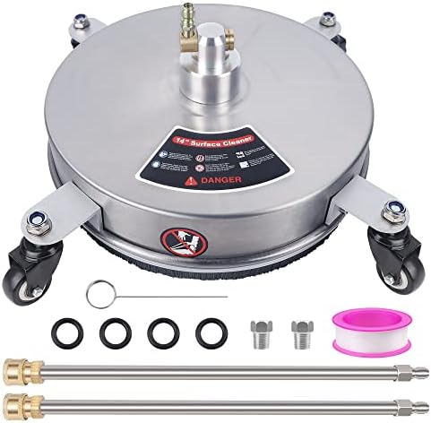 Biswing 14" Pressure Washer Surface Cleaner with 4 Wheels, Stainless Steel Power Washer Accessory for Driveways Sidewalks Patios Cleaning, 1/4" Quick Connector, 2 Extension Wand Attachments, 4000 PSI