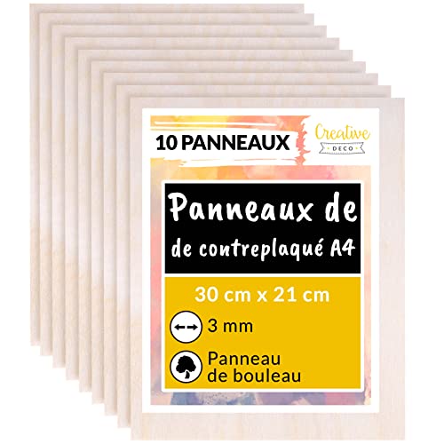 Creative Deco 10 x A4 Contreplaqué 3mm | 3 x 300 x 210 mm (+/- 0,5 mm) | Planche Bois Brut Bouleau | Panneau Feuille Découpe Laser | Bois pour Pyrogravure, Gravure, Cricut, Maquette