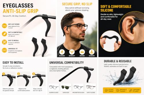 Image of Eyeglasses Anti-Slip Grip Pads | Soft Silicone Nose Pads for Glasses | Anti-Skid Eyewear Temple Tips | Comfortable Glasses Grip for Sunglasses, Reading Glasses & Spectacles