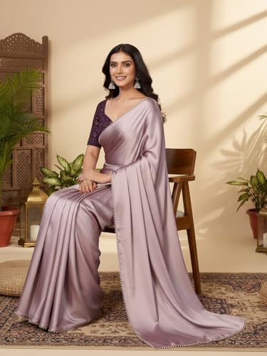 Image of FABIAN FASHION Women's Plain Japan Satin Silk Saree with Pearl Lace Border, Includes Unstitched Matching Blouse Piece - Elegant Saree(AVN 1694)
