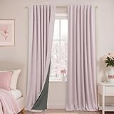 KOUFALL Light Pink Linen Blackout Curtains for Bedroom Nursery Girls Room 90 Inches Long,Modern Grey Pink Textured Back Tab Pleated Black Out Girly Curtains for Baby Toddler 2 Panels