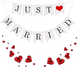 Just Married Banner, Wedding Decorations Banners Just Married Letter Bunting with Ribbon, Wedding Hanging Sign Garland Pennant Photo Booth Props for Bridal Shower Wedding Engagement Car Decoration