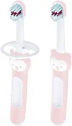 MAM Baby Kit com 2 Escovas de Dentes Baby's Brush com Trava de Segurança para Crianças de 6+ Meses Com Cabo Ergonômico e Fácil de Segurar, Rosa