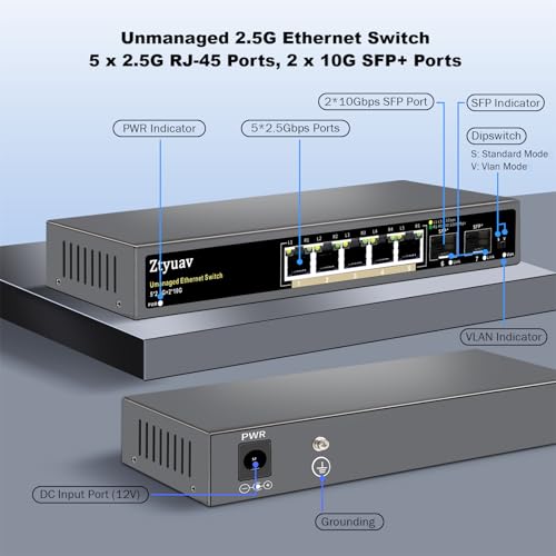 Image of 7 Port Unmanaged 2.5G Ethernet Switch with 5 x 2.5G RJ-45 Base-T Ports, 2 x 10G SFP+, Ports Speed Auto-Negotiation-100 /1000 /2500Mbps, One-Key VLAN, Desktop /Wall Mount, Fanless & Metal