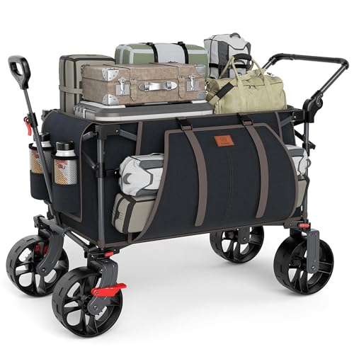 Image of EVER ADVANCED Folding Push Wagon with Brakes, Portable Shopping Cart, Collapsible Wagon Cart with All-Terrain Big Wheels for Camping, Beach, Sports
