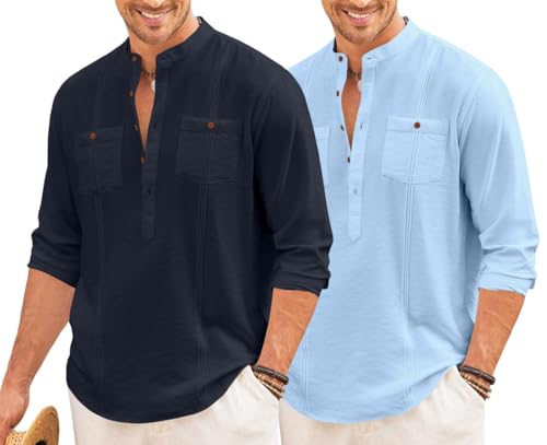 Image of Macsivo Combo of Men's Regular Fit Cotton Blend Solid Casual Short Kurta with Mandarin Collar and Pockets Kurta Pack of 2