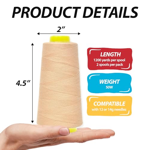 Image of Mandala Crafts Champagne Mercerized Cotton Thread Cones for Sewing Quilting | 2400 Yds 50 WT, 100% Long Staple Cotton, Multipurpose, for Embroidery, Piecing, Sergers, Applique, Machine and Hand Sewing