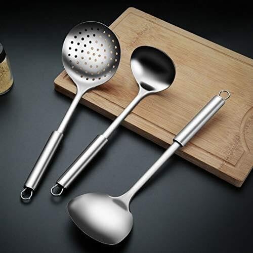 3-Piece Stainless Steel Kitchen Utensil Set – Noodle Spoon, Cooking Ladle, Strainer With Heat-Resistant Handles