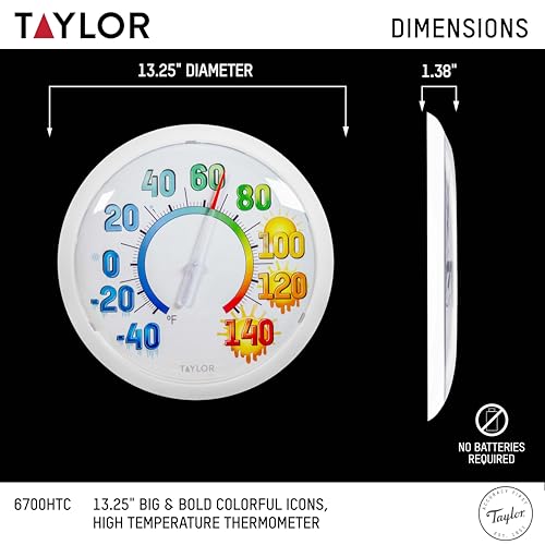 Image of Taylor Colorful Icons Big and Bold Wall High Temperature Thermometer Indoor Outdoor Wireless Easy Read Large Numbers for Patio Pool Indoor Use, Weather Resistant 13.25 Inch Modern Home Decor, White