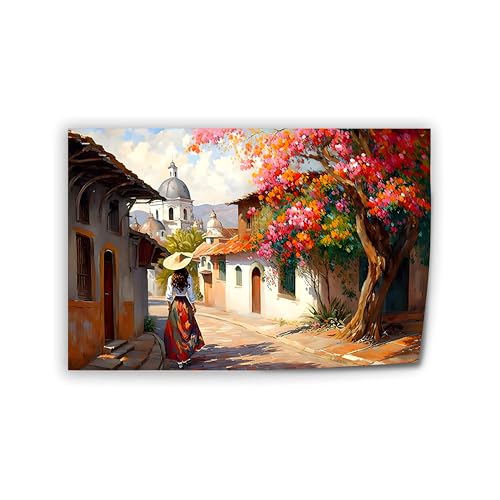 Mexican Village Street, Folk Traditional Girl, Colorful Painting Canvas Wall