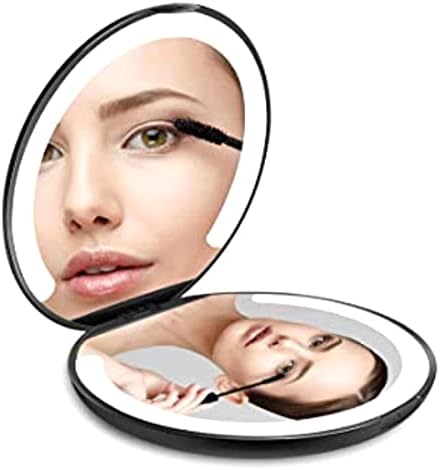 LED Lighted Travel Makeup Mirror Foldable, Dual Sided Vanity Mirror with Lights Portable Compact Illuminated Folding Tabletop Cosmetic Mirror, 1x/5x Magnifying Handheld Pocket Mirrors(2023 Upgrade)