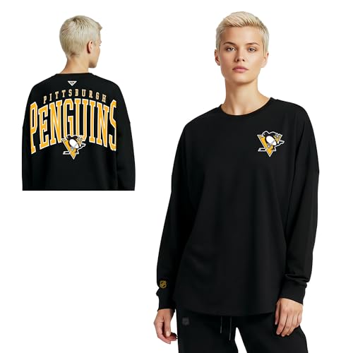 GAME 7 x NHL Women's Officially Licensed Long Sleeve Crew Neck Cotton T-Shirt Black
