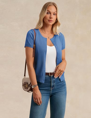 Image of GRACE KARIN Women Short Sleeve Cardigan, 2026 Summer Knitted Sweater Tops, Basic Crew Neck Crop Outfits