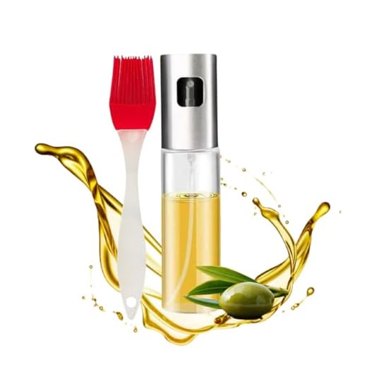 Tichinis® Set de Aceitera Spray Pulverizador Rellenable de 100 ml. con Pincel de Silicona Rojo. Pulverizador de Espray para Aceite de Vidrio Tapa de Acero y Pincel de Silicona con Mango de Plástico.