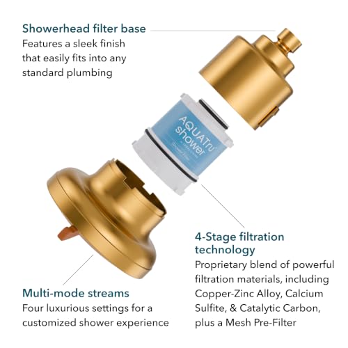 Image of AquaTru Shower - Advanced Shower Filter Removes Impurities from Hard Water to Support Healthy Skin, Scalp, Hair, Reduce Breakage, and Enhance Your Beauty and Self-Care Routine (Brushed Gold)