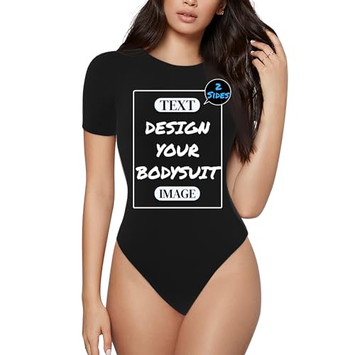 Jacmlhuhu Custom Bodysuits T Shirts for Women Short Sleeve Bodysuit Tops Personalized Crewneck Tee Shirt Add Your Own photo Text Double Side Print Gift Black