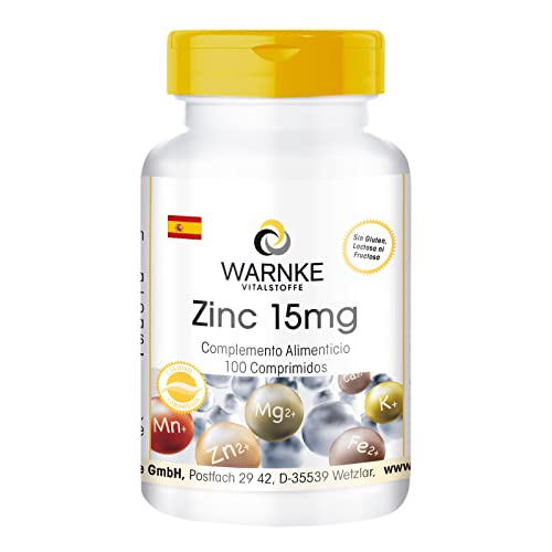 Zinc 15 mg - 100 comprimidos, forma orgánica como gluconato de zinc, oligoelemento, vegano | Warnke Vitalstoffe - Calidad de farmacia alemana