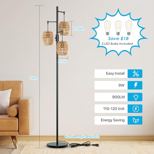 lumenfox Boho Rattan Floor Lamp - Dimmable 70 Inch with Shades, Coastal 3 Light Bohemian Standing Lamp for Living Room Bedroom Office - Image 6