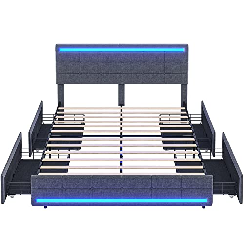 Tiptiper Led Bed Frame Queen Size With Charging Station, Bed Frame With Led Headboard & Footboard,Platform Bed Frame Queen Size With Storage Drawers, No Box Spring Needed, Easy Assembly, Dark Grey #TOP6