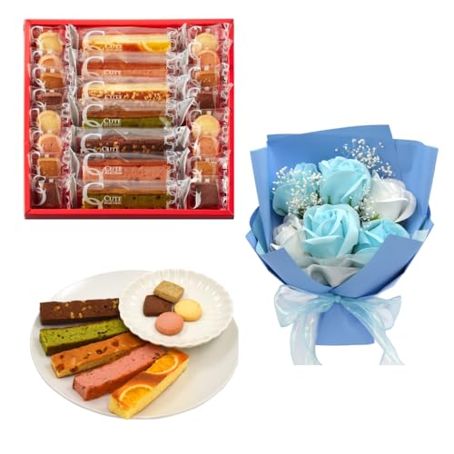 花 洋菓子 ギフト プレゼント 花束 ブーケ 記念日 誕生日 個包装 花とお菓子 かわいい 【 キュートセレクション 焼き菓子 詰め合わせ 23個入り & ソープフラワー ブーケ ブルー 】