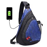 Sac à Bandoulière,Popoti Hommes Femmes Sac Poitrine Dos Cuir Sling Crossbody Sacoche avec USB Ports de Voyage Sport Randonnée Cyclisme Unisexe Grande Triangle Portable Paquetage (Bleu)