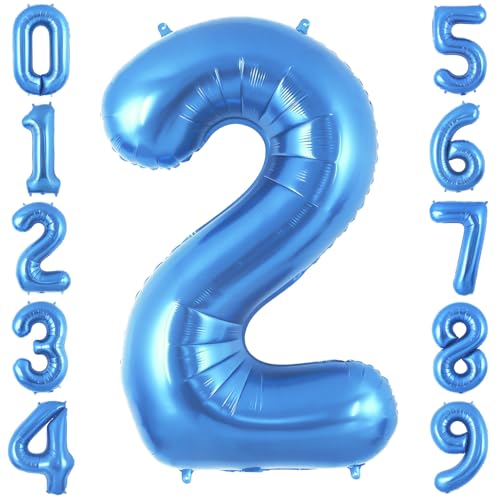 Blue 2 Balloon Number,40 Inch Number 2 Balloon Big Blue 2 Foil Mylar Helium Balloon for Birthday Party Decorations